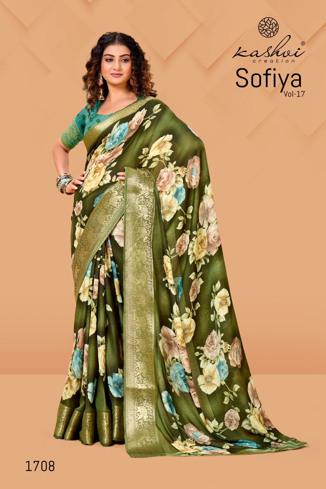 Sofiya Vol 17 By Kashvi Dull Moss Zari Border Printed Saree Orders In India